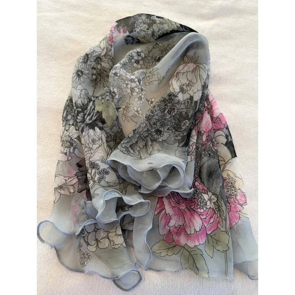 Floral Square Scarf Women OS Blue Pink Sheer Scalloped Lettuce Edge
